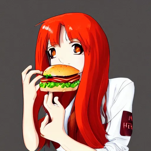 Image similar to a girl eating a hamburger, red hair, anime art, detailed, hd, smooth