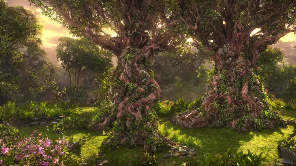 Image similar to 3d rendering of fantasy tree of life in garden of eden, hd, hdr, unreal engine 5, cinematic 4k wallpaper, 8k, ultra detailed, high resolution, artstation