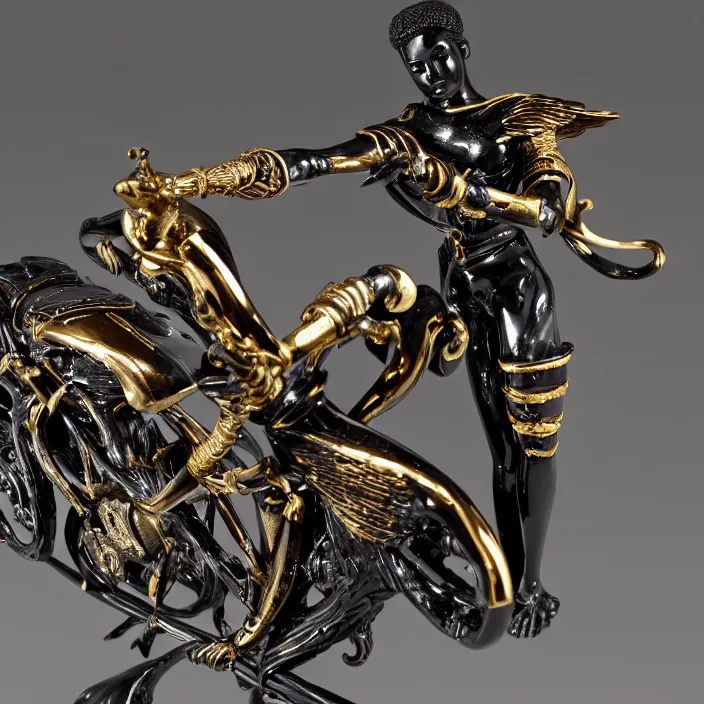 Image similar to fine art statue of black egyptian man on a surrealist motorbike, ebony art deco, carved black marble, inlaid with ebony and gold accents, ebony rococo, wings black lace wear, spider zero, zaha hadid, beautifully lit, hyper detailed, intricate, elite, ornate, photorealistic, micro details, 3 d sculpture, ray trace