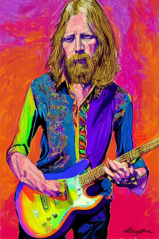 Image similar to a professional painting of Duane Allman, in brightly colored psychedelic shirt, playing a guitar, long hair, beautiful bone structure, symmetrical facial features, intricate, elegant, digital painting, concept art, smooth, sharp focus, illustration, William-Adolphe Bouguerea, epic, stunning, gorgeous, intricate detail, much wow, ultra realistic, photorealism, 4K, masterpiece, trending on artstation