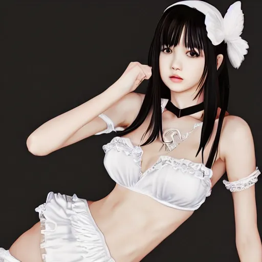 Prompt: realistic detailed semirealism beautiful gorgeous cute Blackpink Lalisa Manoban wearing white camisole white lingerie outfit maid costume, black hair black cat ears blue eyes, black leather choker full HD 4K high resolution quality WLOP, Aztodio, Taejune Kim, Guweiz, Pixiv, Instagram, Artstation