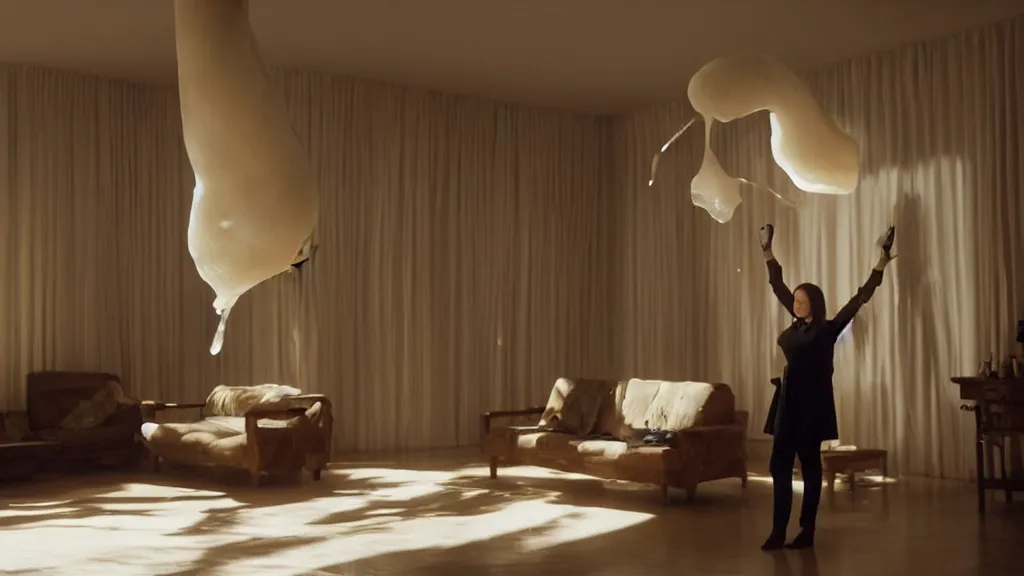 Image similar to a giant hand made of wax and water floats through the living room, film still from the movie directed by Denis Villeneuve with art direction by Junji Ito, wide lens