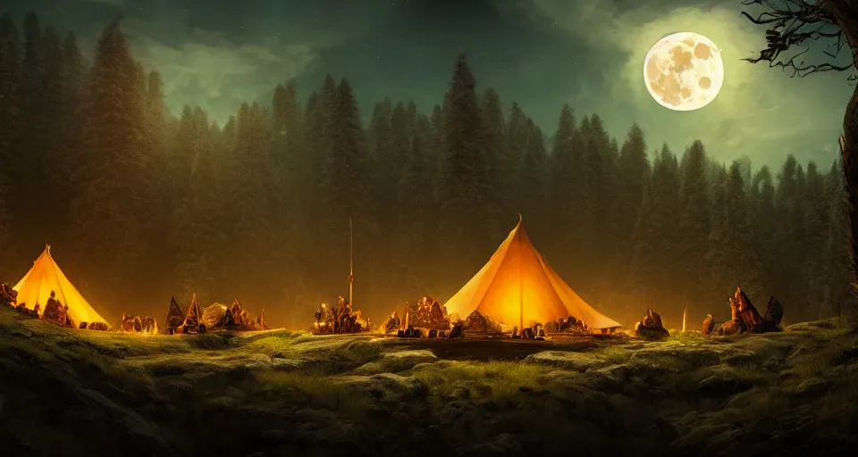 Prompt: an epic fantasy adventurer's camp with a hide tent at night with a full moon, 4 k, extremely detailed. award winning, trending on artstation, 8 k, ultra wide angle