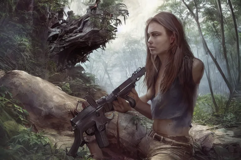 Prompt: !dream artstation concept of a beautiful adventurous girl with a .45 revolver, sweaty skin, symmetrical face, high face detail, torn off shirt and fatigue pants, sleek and agile, jungle background with ruins, volumetric lighting, hyperdetailed, artstation trending, world renowned artists, worth1000.com, cgsociety, by greg rutkowski, by Gustave Doré, by Marco Turini, by Artgerm, Deviantart in the style of Tom Bagshaw, Cedric Peyravernay, Peter Mohrbacher