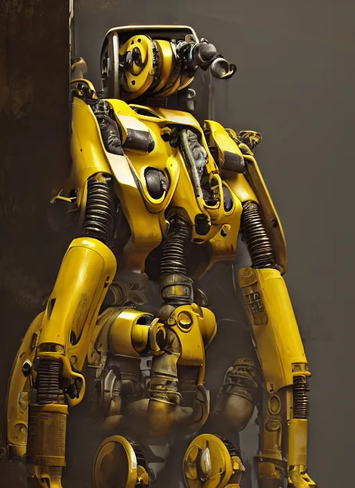 Image similar to a photorealistic dramatic hyperrealistic render of a futuristic exosuit power loader heavy machinery, ultra realistic details, glossy yellow, well worn, rust, oil stains by vitaly bulgarov and mike nash, beautiful dramatic dark moody tones and lighting, cinematic atmosphere, studio lighting, shadows, dark background, octane render, 8 k