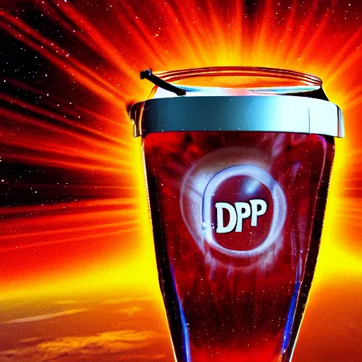 Prompt: Dr. Pepper floating in space, viewed through the window of a spaceship, with JJ Abrams sunflares