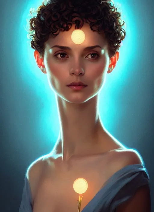 Prompt: symmetry!! portrait of a woman with short curly hair, round face, cottagecore!!, cyan glowing lights!! intricate, elegant, highly detailed, digital painting, artstation, concept art, smooth, sharp focus, illustration, art by artgerm and greg rutkowski and alphonse mucha