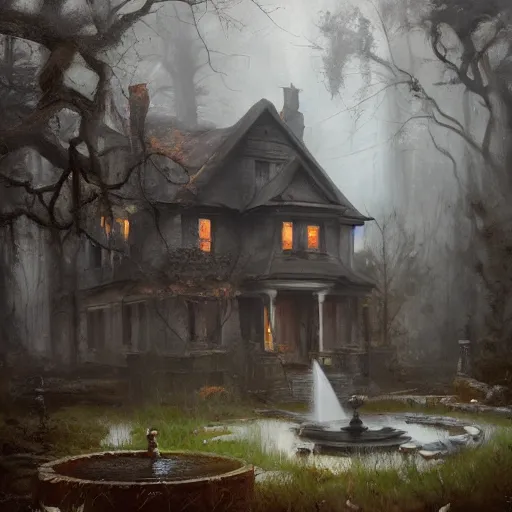 Image similar to old house with a fountain in the woods, horror, dramatic lighting, lovecratian, painted by raymond swanland, painted by greg rutkowski, painted by jeremy mann, painted by artgerm, painted by igor kieryluk, trending on artstation