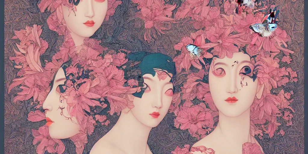 Prompt: breathtaking detailed concept art painting art deco pattern of faces goddesses of flamingo with anxious piercing eyes and blend of flowers and birds, by hsiao - ron cheng and john james audubon, bizarre compositions, exquisite detail, extremely moody lighting, 8 k