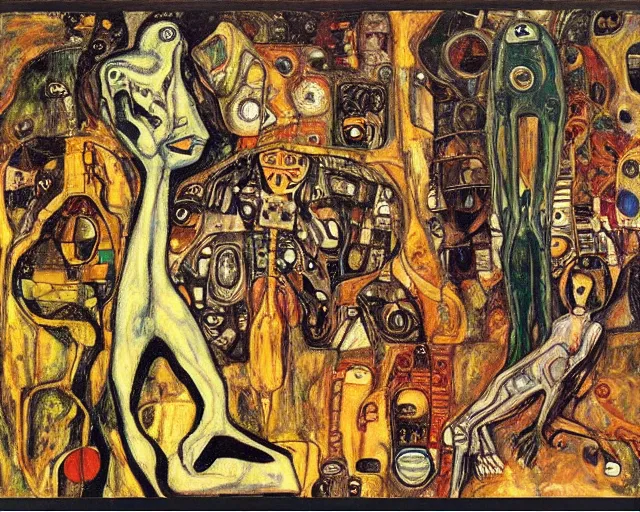 Image similar to a painting of a aliens and robots by graham sutherland, egon schiele, gustav klimt, expressionism