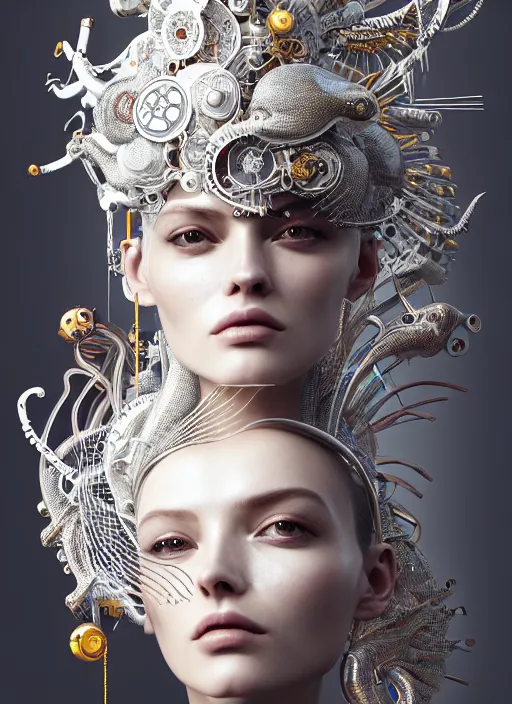 Image similar to portrait of an absurdly beautiful, graceful, sophisticated, fashionable cyberpunk mechanoid, hyperdetailed illustration by irakli nadar and vania zouravliov, matt wisniewski style, intricate linework, white porcelain skin, faberge, tropical fish headdress, unreal engine 5 highly rendered, global illumination, radiant light, detailed and intricate environment