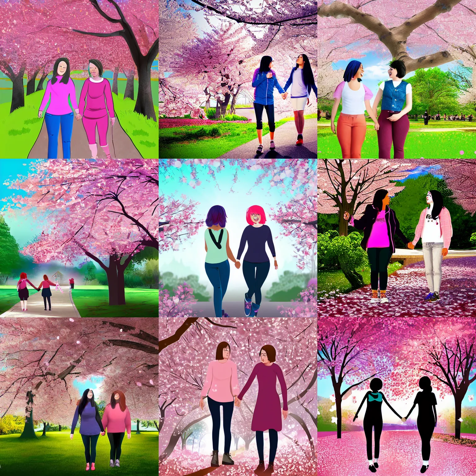 Prompt: two transgender lesbians happily walking together in a park holding hands with cherry blossoms in the air, digital art