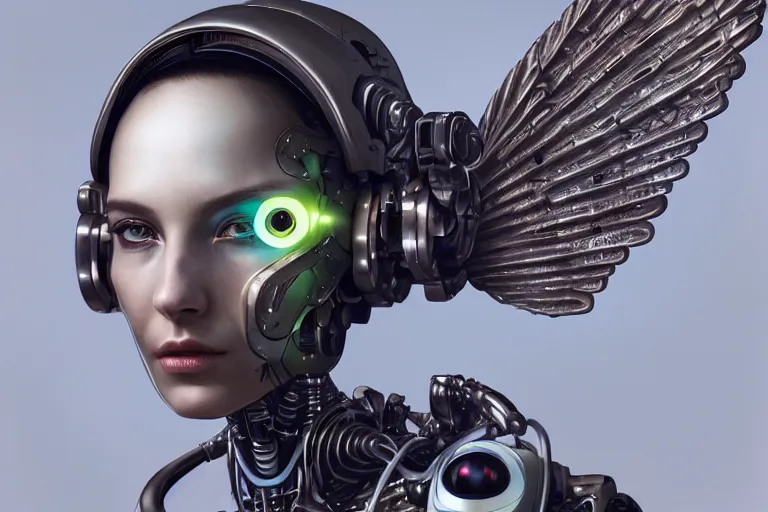 Prompt: ultra detailed portrait of a futuristic cybernetic angel with glowing robotic wings, front view, by tom bagshaw and anna dittman, 5 0 mm lens, perfect eyes and face, biomechanical robot, deep depth of field, artstation, 8 k