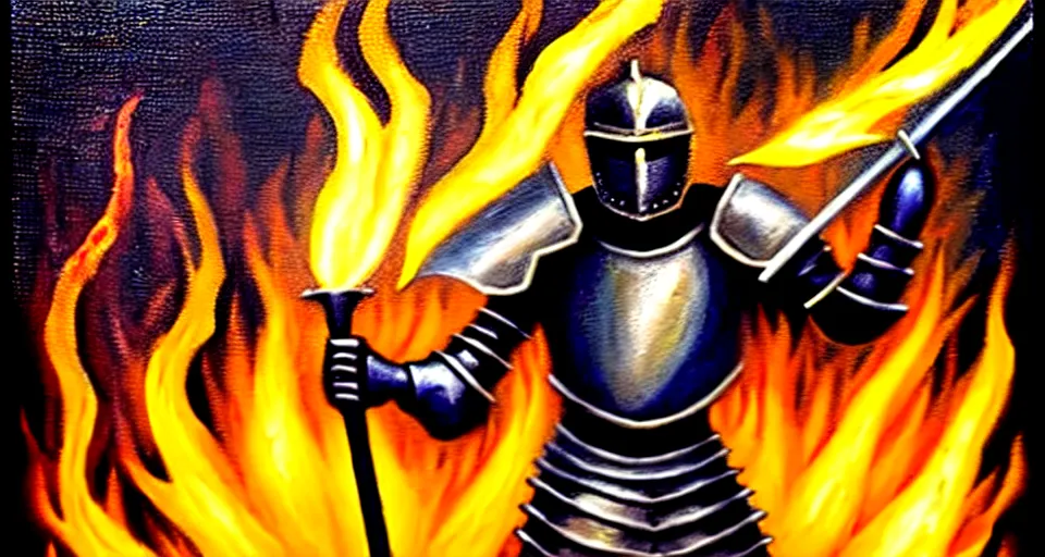 Image similar to An oil painting of a knight in dark metal armor wielding a flaming sword