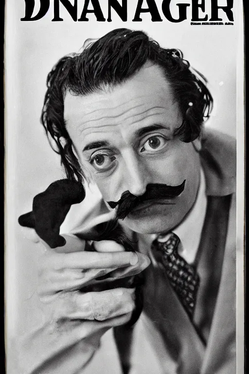 Image similar to magazine cover featuring the famous surrealist artist Danger Dan, photograph of a man with black hair and a mustache, text reads DANGER DAN