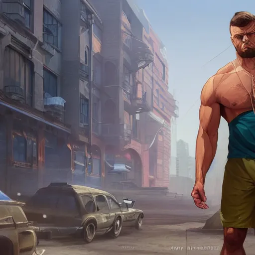 Prompt: highly detailed portrait of a gym bro in gta v, stephen bliss, unreal engine, fantasy art by greg rutkowski, loish, rhads, ferdinand knab, makoto shinkai and lois van baarle, ilya kuvshinov, rossdraws, tom bagshaw, global illumination, radiant light, detailed and intricate environment