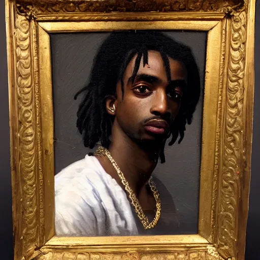 Image similar to a Dutch Golden Age portrait painting of Playboi Carti, shallow depth of field, close up, split lighting, cinematic