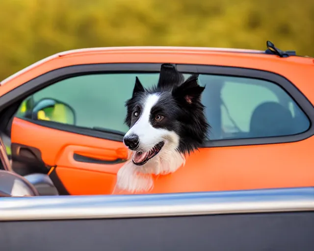 Image similar to border collie dog in the driver's seat of an orange nissan note, paws on wheel, car moving fast, rally driving photo, award winning photo, golden hour, front of car angle, extreme horizontal blur, 3 0 0 mm lens