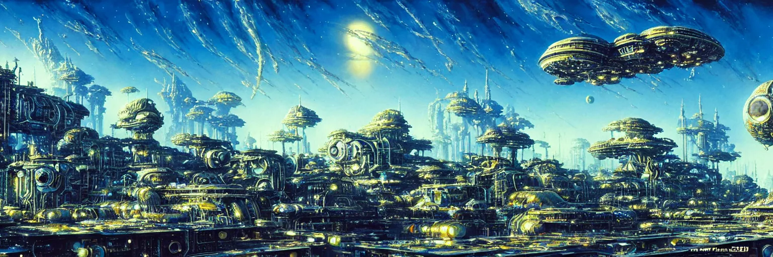 Prompt: ultra realist intricate detailed painting of an alien world with buildings, blue sky, very intricate details, bokeh focus, 8 k render, artstyle chris foss and john berkey, award winning