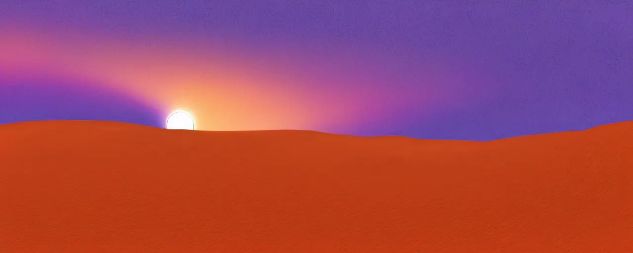 Prompt: a total eclipse over the desert dunes, orange and purple tones, atmospheric, somber, HD digital painting