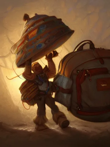 Image similar to a tinker carrying a giant backpack, full of trinkets and hanging stuff. intricate, elegant, highly detailed, digital painting, artstation, concept art, sharp focus, illustration, by justin gerard and artgerm, 8 k