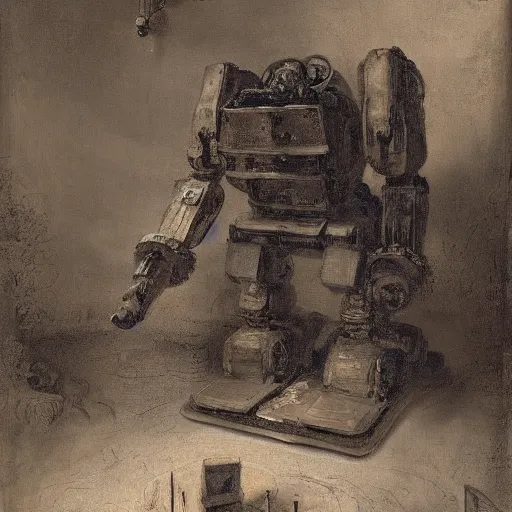 Prompt: A Rembrandt painting of a giant robot throwing furniture into its mouth, 4K, highly detailed, dark