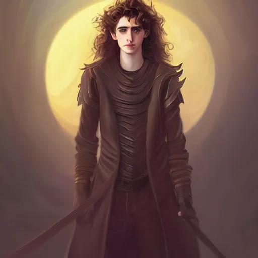 Image similar to fantasy magic Timothee Chalamet portrait, sci-fi, glossy eyes, face, long hair, fantasy, intricate, elegant, highly detailed, digital painting, artstation, concept art, smooth, sharp focus, illustration