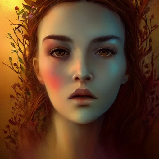 Prompt: surreal, beautiful, young woman, detailed gorgeous face, sad eyes, vaporwave aesthetic, synthwave , digital art, butterflies, birds, plants, branches, leaves, digital painting, artstation, concept art, smooth, sharp focus, illustration, art by Marcela Bolivar