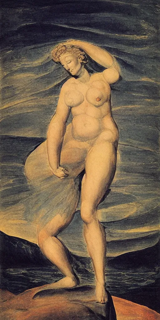 Prompt: oil painting silhouette of the venus of milos with sea inside by william blake