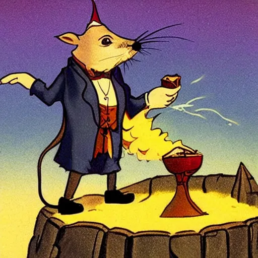 Image similar to a wizard rat smokes a pipe atop a mountain, 1930 photograph, colorized, full body, fancy clothes, magical particles