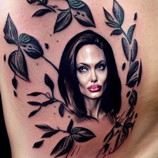 Prompt: “Angelina Jolie portrait, whole body in flower tattoo”