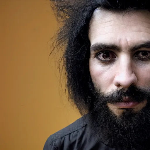 Image similar to hd portrait of a 3 5 - year old man with a disorienting, clinical aesthetic. black hair. black clothes. a modern - day warlock and psychonaut of the mastigos path. portrait photography by annie leibovitz.