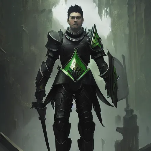 Prompt: male with black short hair and green eyes wearing paladin armor by Greg Rutkowski, Sung Choi, Mitchell Mohrhauser, Maciej Kuciara, Johnson Ting, Maxim Verehin, Peter Konig, final fantasy , mythical, 8k photorealistic, cinematic lighting, HD, high details