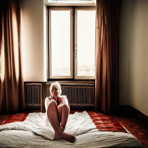 Prompt: A photo of a woman posing in her Firenze bedroom by Marat Safin