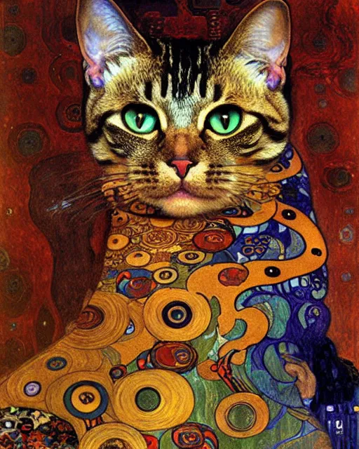 Image similar to demonic cat portrait an oil painting splashes with many colors and shapes by gustav klimt greg rutkowski and alphonse mucha, polycount, generative art, psychedelic, fractalism, glitch art