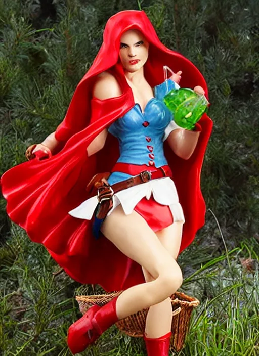 Prompt: Image on the store website, eBay, 80mm Resin figure model of a woman as little red hood ,holding a basket under her left arm.