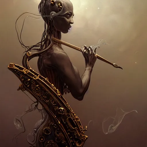 Image similar to bold simple lifelike humanoid illustration of close low angle view of an ornate obsidian gothic violin interior with gold spidery embellishments, night, smoke, ground fog, by peter mohrbacher, by frank frazetta, by vincent di fate, large depth of field, super detailed, digital art, trending on artstation, ornate