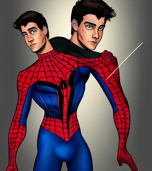 Prompt: very handsome peter parker with his spider suit removed to his waist, looking seductive, digital art, realistic