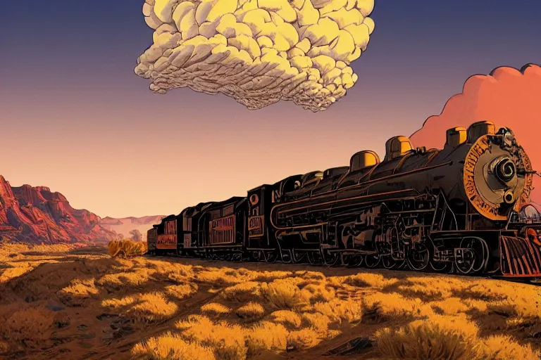 Image similar to old western freight train illustration by joe fenton and syd mead, artstation, 4 k, graphic novel, concept art, matte painting, steam engine spewing billowy white clouds of steam, beautiful idyllic mountain desert sunset background, golden hour