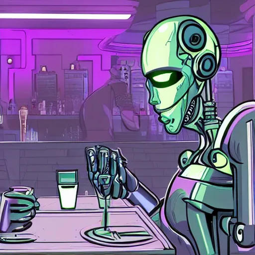 Prompt: A synthetic robot mercenary with human appearance drinking at a bar, night, cyberpunk city, purple neon, bladerunner