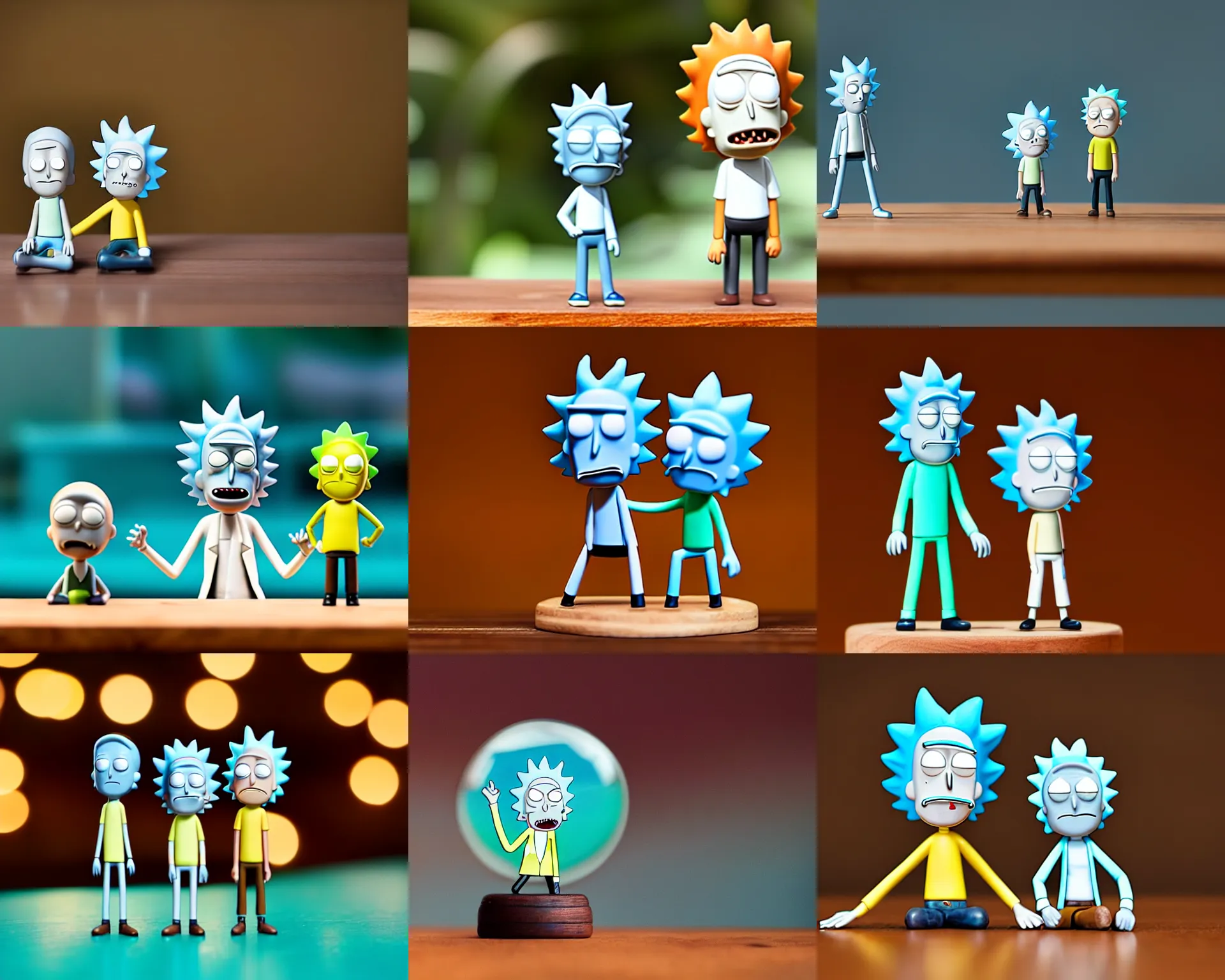 Prompt: rick and morty figurine by pixar sad bokeh on wooden table.