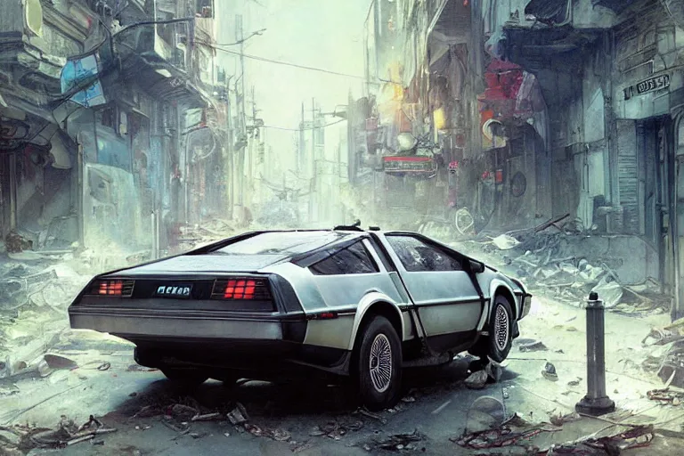 Image similar to photograph of the delorean driving down the streets of a cyberpunk abandoned city, by greg rutkowski, by stanley artgerm, by alphonse mucha