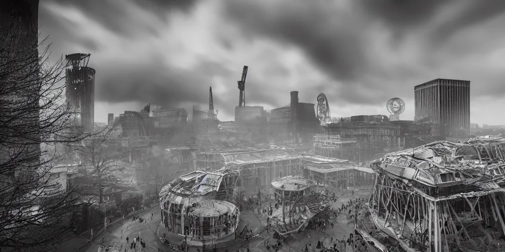 Image similar to a nuclear landscape of the southbank centre in london, the london eye and big ben are still standing, collapsed brutalist architecture, groups of human figures stagger amongst the ruins, fog, dust atmosphere, brooding clouds, mushroom cloud, detailed, 4k