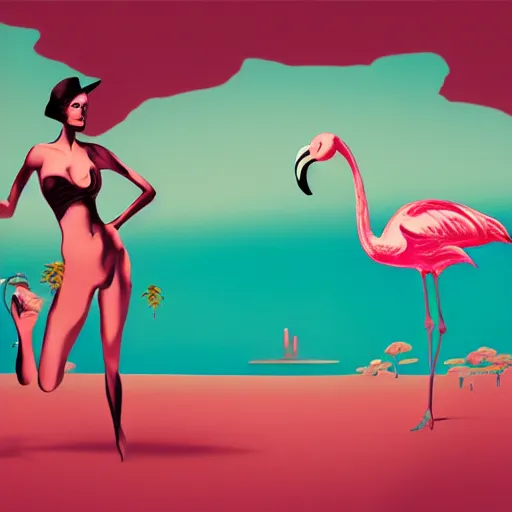 Image similar to A surreal comic noir illustration containing a beautiful woman and Flamingos on a desert beach oasis by Salvador Dali, dark vibes, high contrast, pastel lighting, cinematic, depth of field, 8k