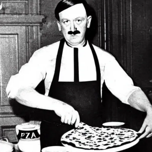 Prompt: hitler making a pizza wearing a pizza man uniform with a swastika on it, photo