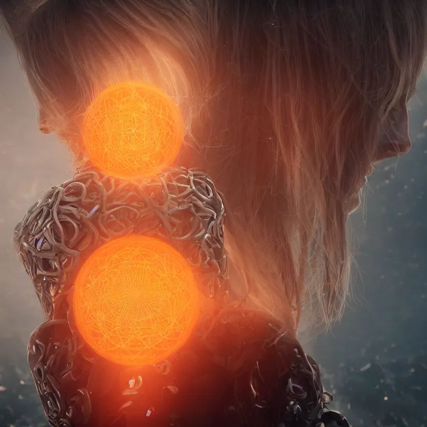 Prompt: closeup portrait of a beautiful guard with blonde hair seen from the back in front of a dystopian (orange fog) merkabah flower of life cyberpunk ultra realistic 4K