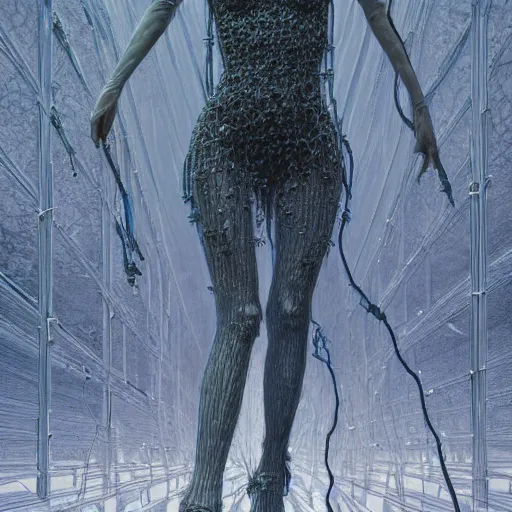 Prompt: Woman, spiky ice crystals on skin, 150mm, shiny, flat background, glowing, wires everywhere, by Edgar Maxence and Ross Tran, Zdzisław Beksiński, and Michael Whelan, distant, gustav dore, H.R. Giger, 8k, octane render