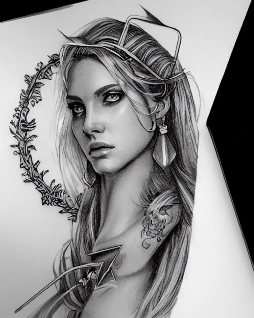 Image similar to tattoo sketch of beautiful greek goddess aphrodite with arrow earrings, beautiful piercing eyes, flowing blonde hair, realistic face, hyper realistic, in the style of greg rutkowski, fantasy, amazing detail, epic, intricate, elegant, smooth, sharp focus