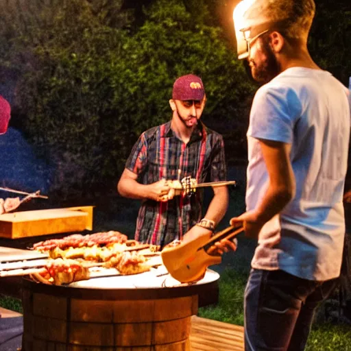 Image similar to three guys in night at the yard grilling kebabs and one guy playing guitar