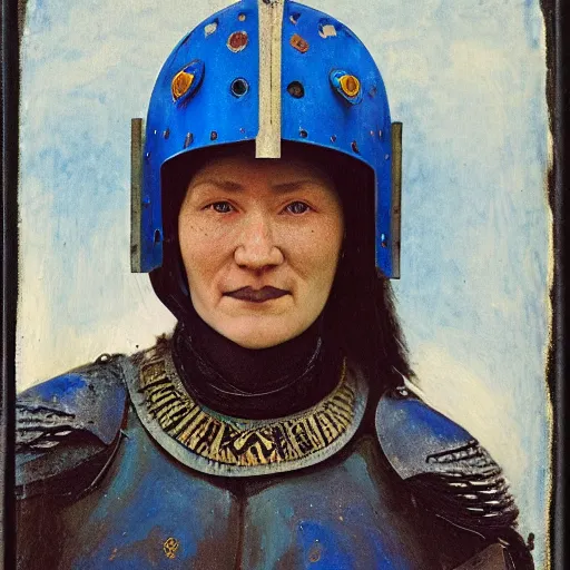 Prompt: head and shoulders portrait of a female knight, inuk, tonalist, symbolist, ambrotype, detailed, helmet, edge lighting, vibrant, palette knife, prussian blue and raw sienna, angular, smiling, crows, baroque